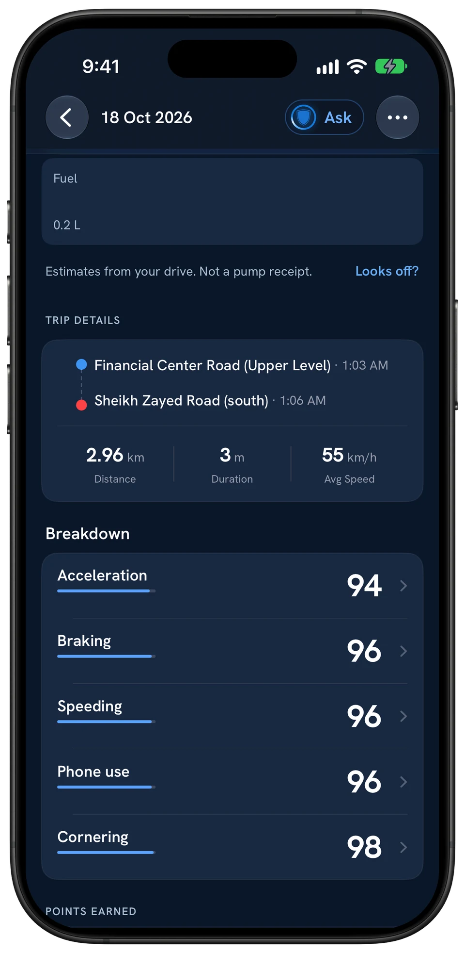 Trip details: fuel 0.2 L estimated from the drive, the route from Financial Center Road to Sheikh Zayed Road, 2.96 km in 3 minutes, and the score breakdown