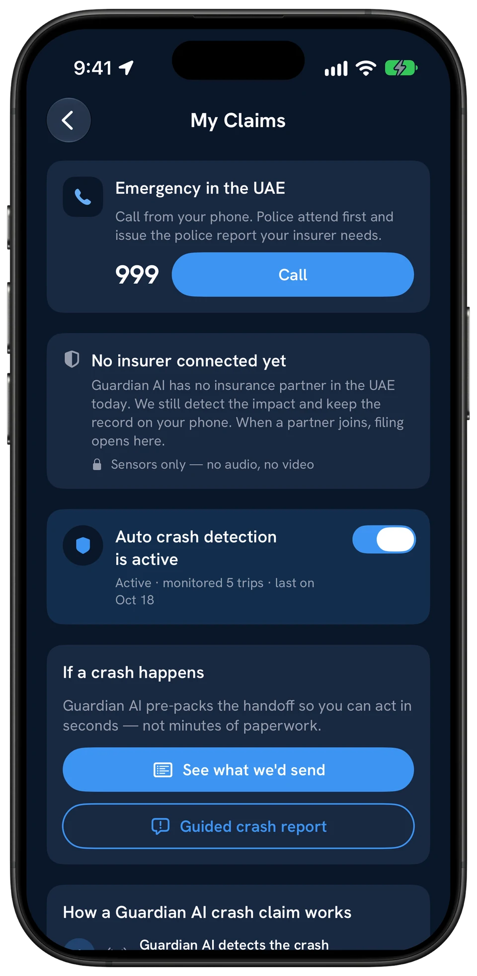 My Claims screen: Emergency in the UAE, call 999; no insurer connected yet; auto crash detection is active; if a crash happens, see what we'd send