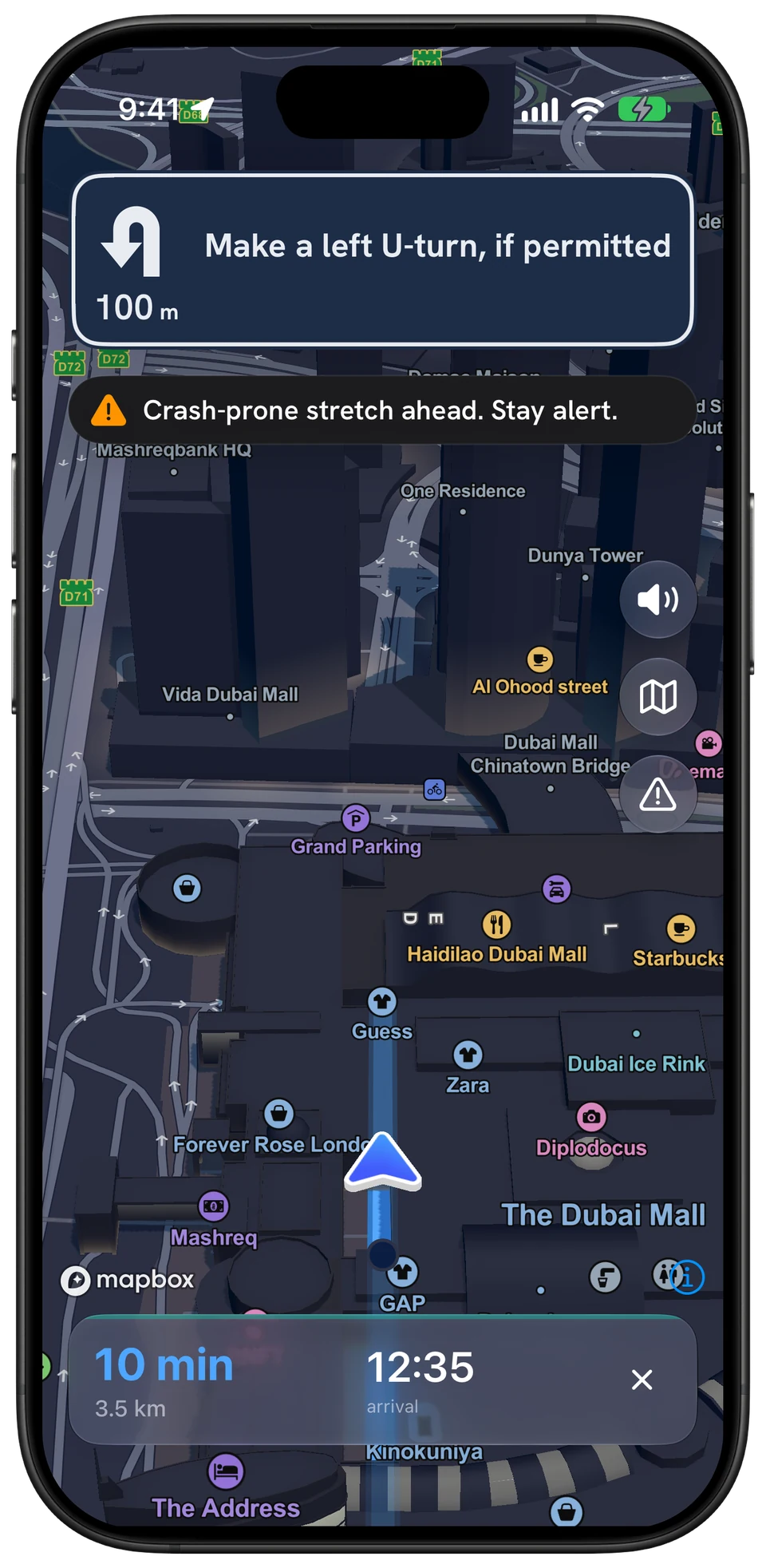 Phone navigation with the warning: crash-prone stretch ahead, stay alert