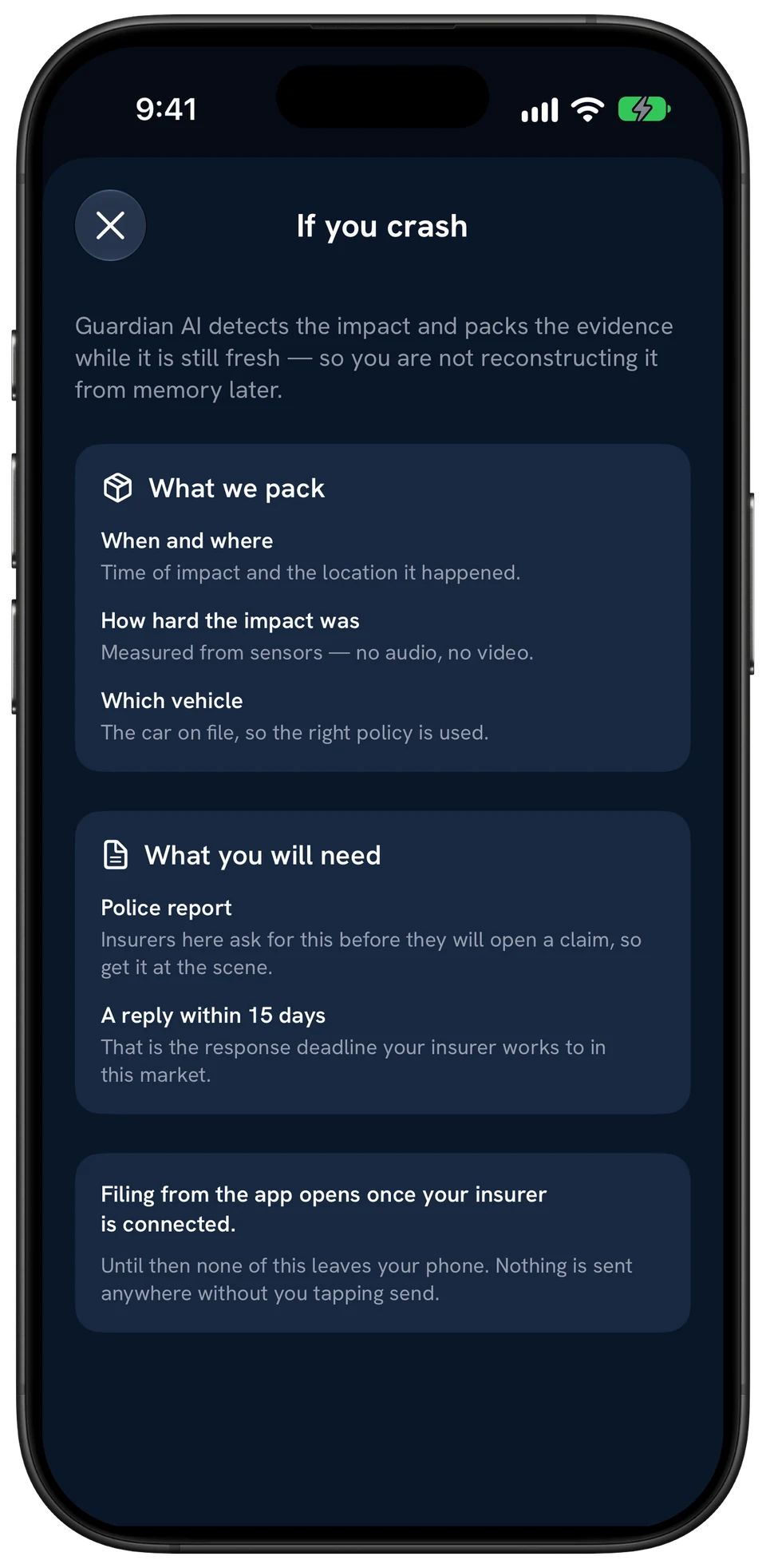 If you crash: Guardian AI packs when and where, how hard the impact was and which vehicle; filing from the app opens once your insurer is connected