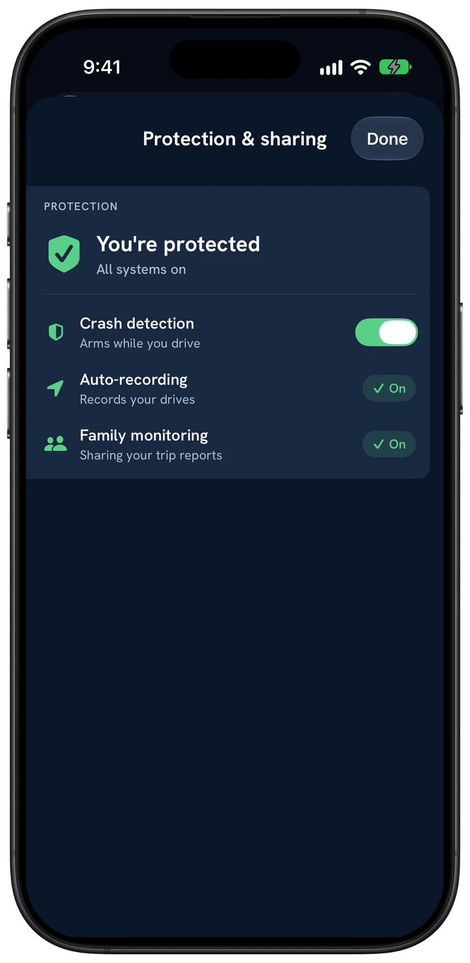 Protection and sharing: you're protected, all systems on, with crash detection, auto-recording and family monitoring