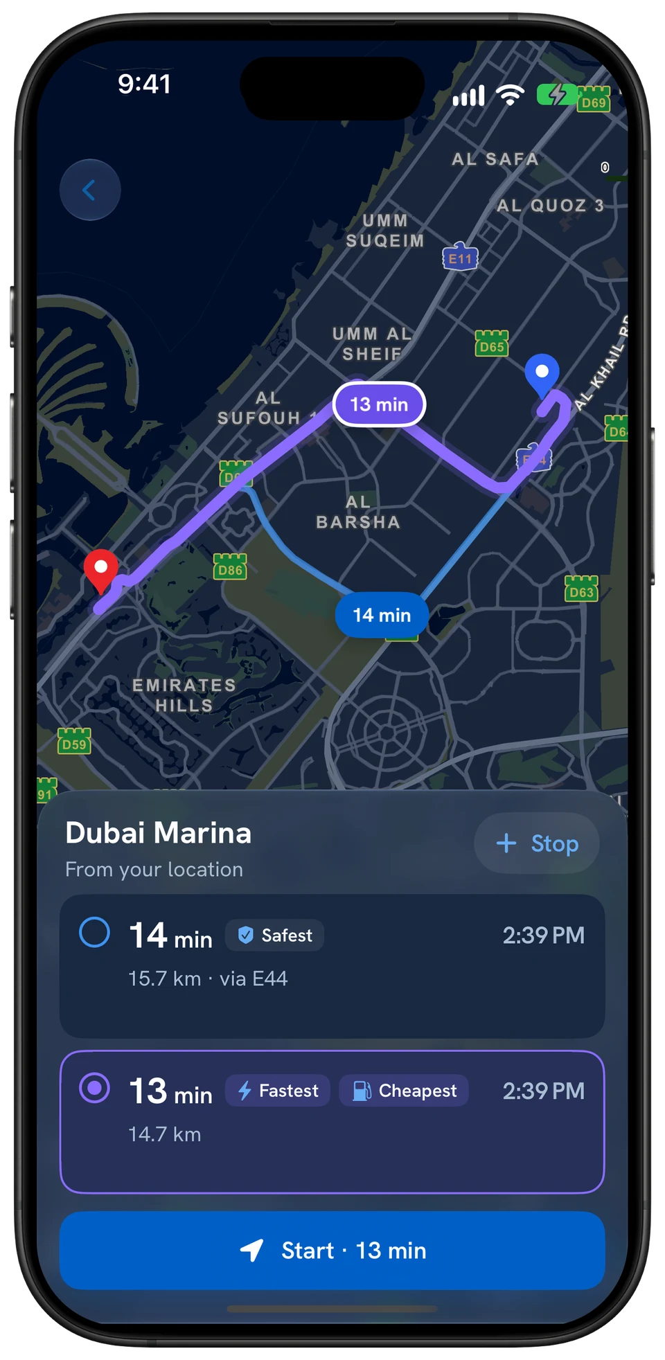Choose route from Dubai Hills to Dubai Marina: Safest 14 min, 15.7 km via E44; Fastest and Cheapest 13 min, 14.7 km