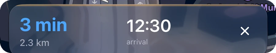 Navigation: 3 min, 2.3 km, arriving 12:30