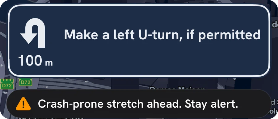 Phone navigation: Crash-prone stretch ahead. Stay alert.