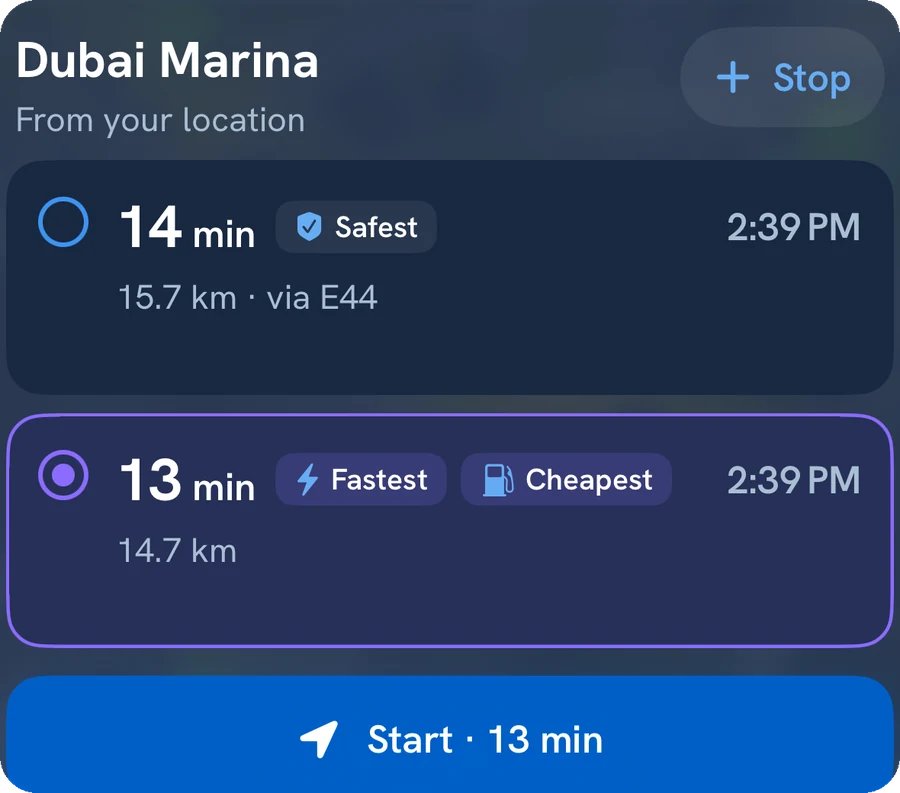 Route choice to Dubai Marina: 14 minutes on the safest route or 13 minutes on the fastest and cheapest
